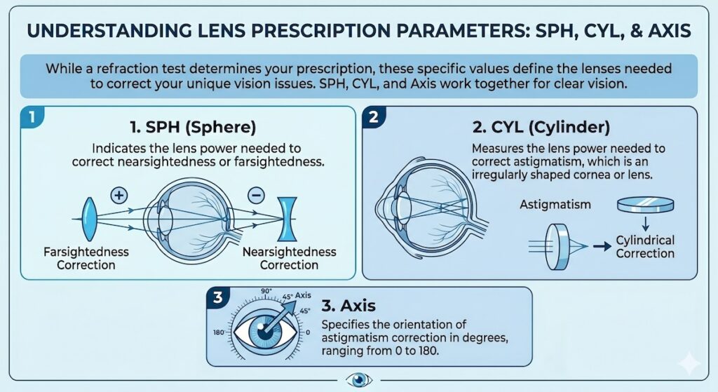 An infographic explaining the difference between SPH, CYL, and Axis on a eyeglass prescription.
