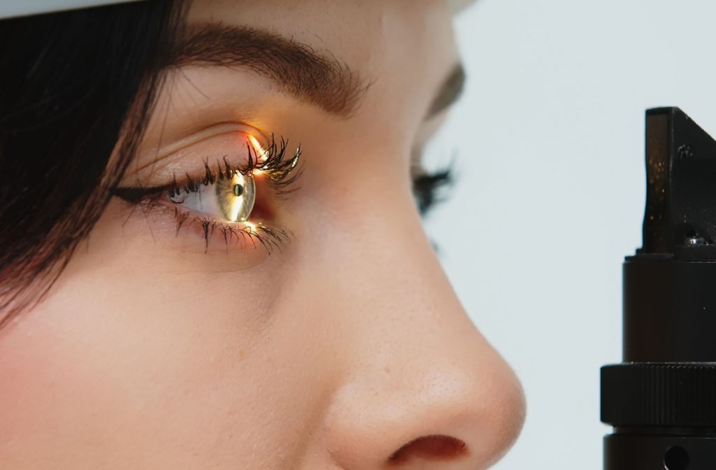 a close-up of a person undergoing an eye exam to check their retinal health