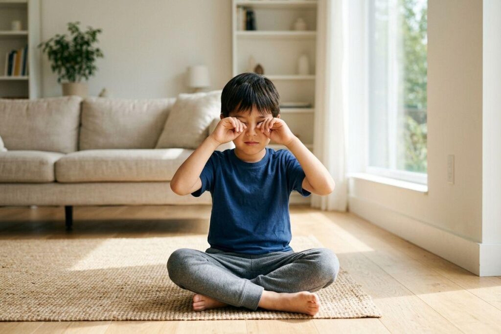 Child sitting cross-legged on a rug in a living room, rubbing both eyes with fists, eyes closed.