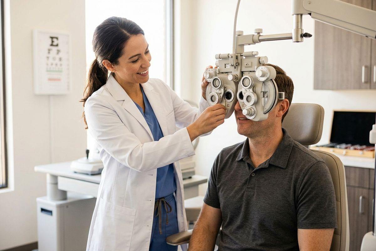 Optometrist smiling while adjusting a phoropter over a seated patient's eyes during an eye exam in a clinic.