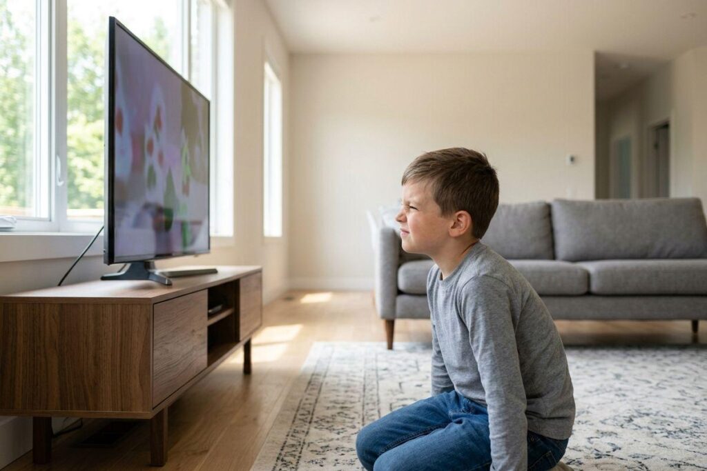 Child sitting close to a TV on a living room floor, squinting at the screen showing a cartoon.