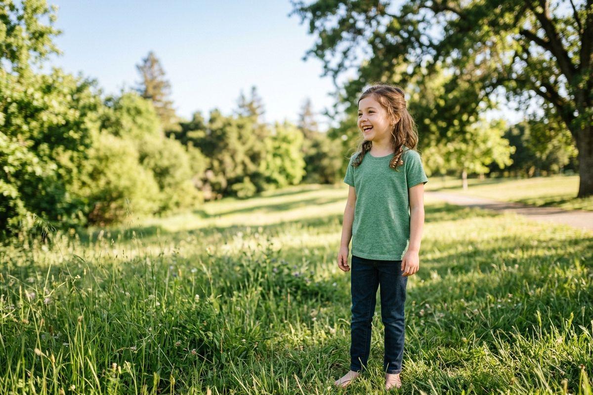Child standing in a sunny park meadow, laughing, wearing a green t-shirt and jeans, surrounded by tall grass and trees.