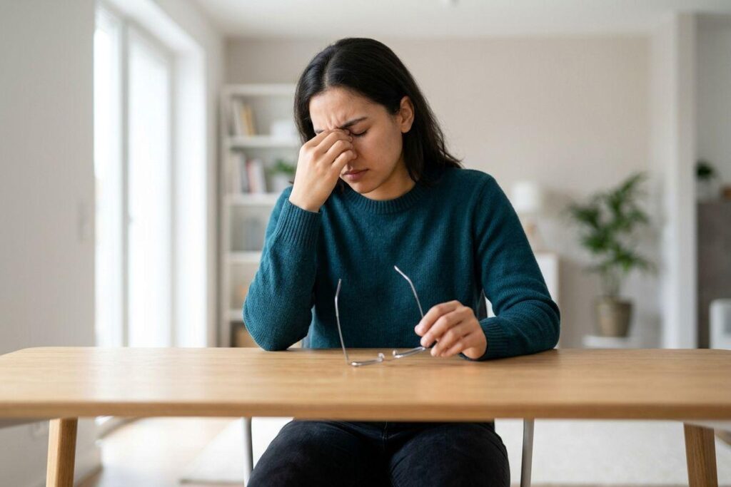 Adult sitting at a wooden table, pinching the bridge of their nose with eyes closed, holding glasses, experiencing eye strain.