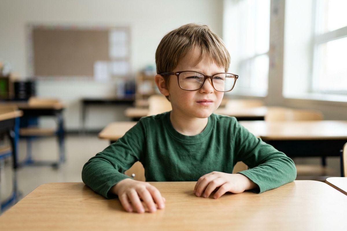 Child wearing glasses sits at a school desk in an empty classroom, squinting to see clearly.
