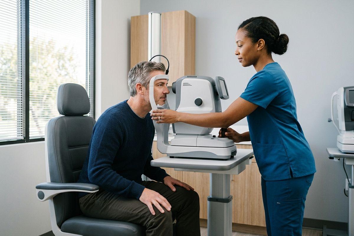 An optometrist in San Jose positions an autorefractor in front of a seated adult's face during an eye exam in a clinic.