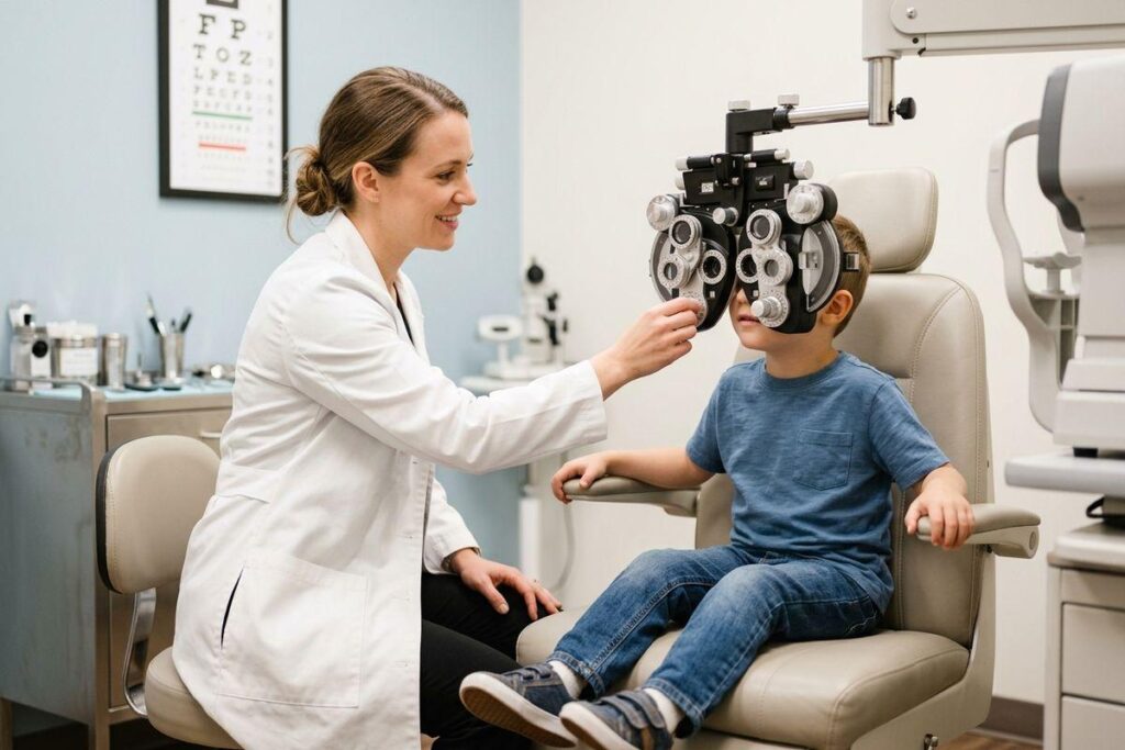 Smiling optometrist holds a phoropter in front of a child seated in an exam chair during an eye exam.